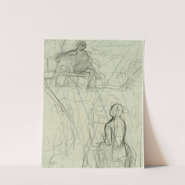 Doorgekraste schetsen van een staand en een zittend figuur by August Allebé