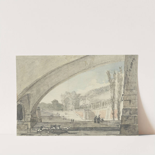 Doorzicht onder een brug naar terrassen en een trap by Louis Gabriel Moreau