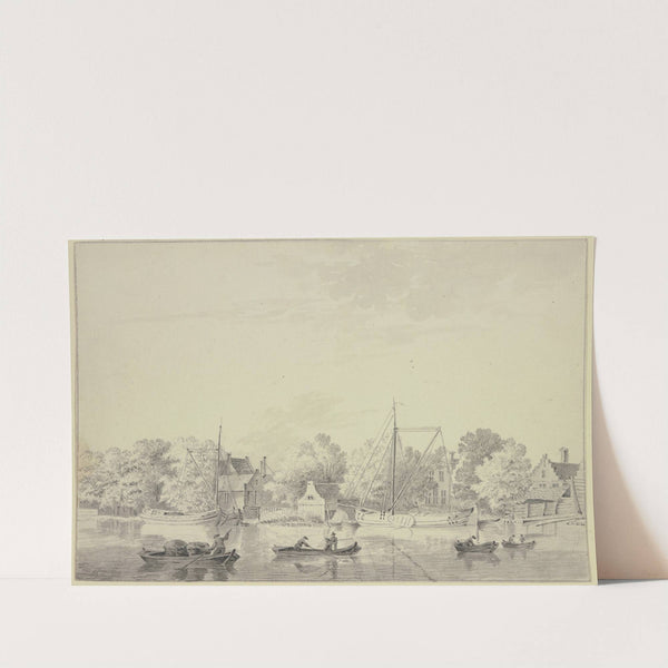 Dorf am Ufer eines Flusses, Schiffe liegen am Ufer und vier Boote fahren auf dem Fluss by Hendrik Tavenier