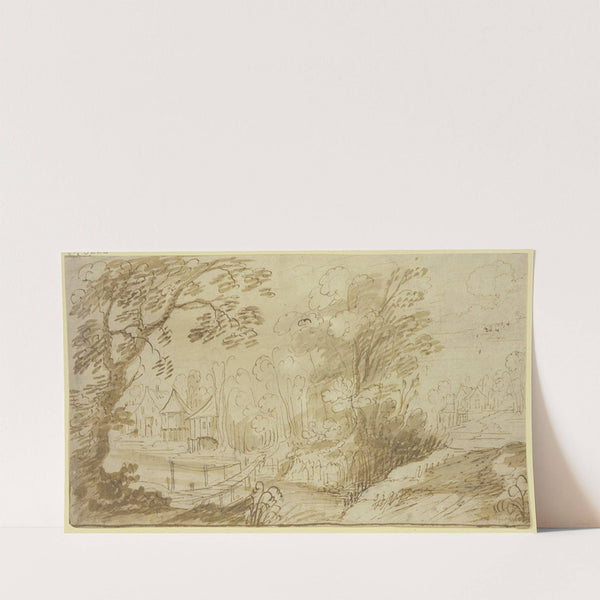 Dorf am Wasser zwischen Baumgruppen, vorn ein Steg by Joos de Momper