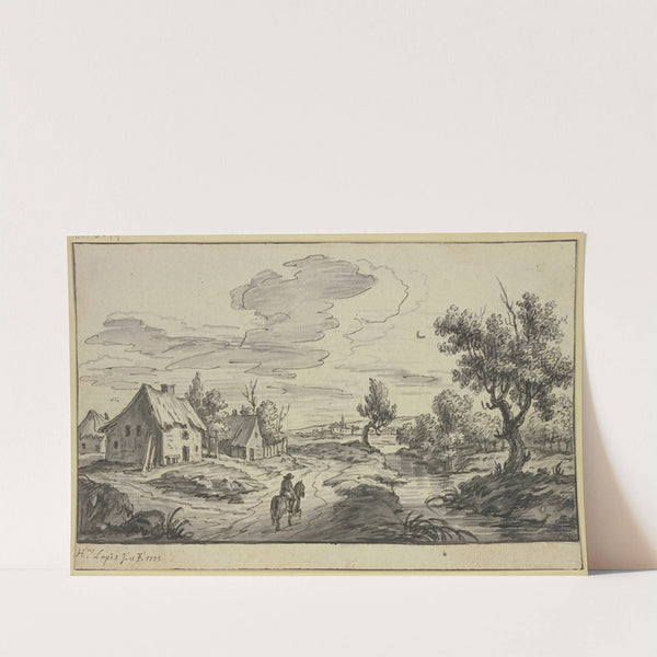 Dorf an einem Bach, auf dem Weg ein Reiter by Hieronymus Lapis