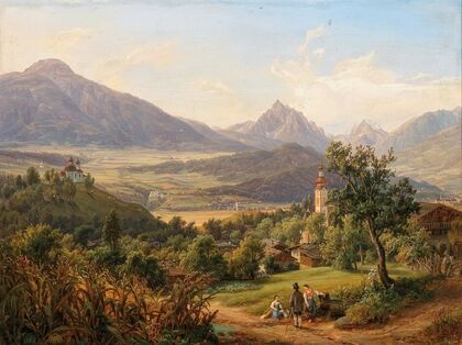 Dorf Arzl und der Kalvarienberg von Innsbruck mit Ansicht Schloß Anna, heiligen Wasser, der Waldraster-Spitze und kleinen Stubayer Ferner