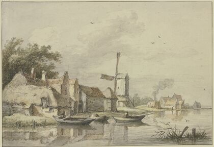 Dorf mit einer Windmühle am Wasser