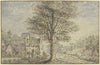 Dorfansicht, in der Mitte ein Baum