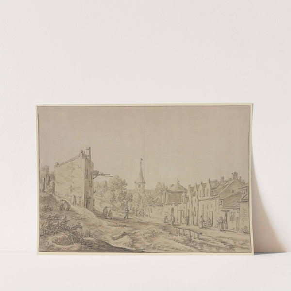 Dorfansicht mit Figuren, links an einem Abhang eine alte Frau mit einem Zuber by Herman Saftleven III