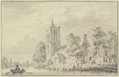 Dorfkirche am Wasser, links rudert ein Mann einen Kahn