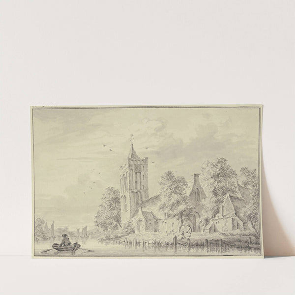 Dorfkirche am Wasser, links rudert ein Mann einen Kahn by Paulus van Liender