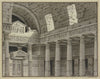 Dorische Säulenhalle mit Rundbogengewölbe und einem Portal mit einer Sphinx