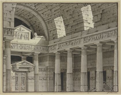 Dorische Säulenhalle mit Rundbogengewölbe und einem Portal mit einer Sphinx