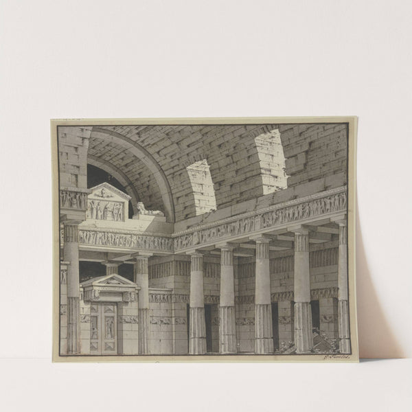 Dorische Säulenhalle mit Rundbogengewölbe und einem Portal mit einer Sphinx by Giorgio Fuentes