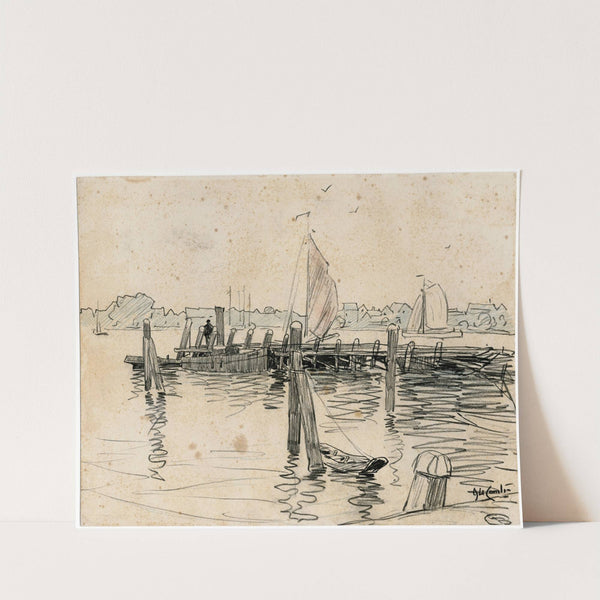 Dorp aan rivier met aanlegsteiger by Adolf le Comte