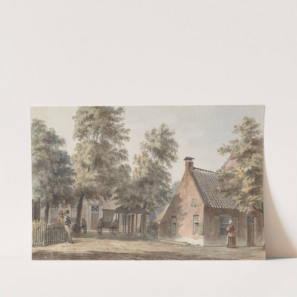 Dorpsgezicht met links twee mannen leunend tegen een hekwerk by Hendrik Abraham Klinkhamer