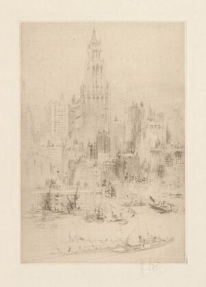 Downtown Manhattan from the East River, with the Woolworth Building