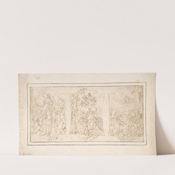 Drawing for Ceiling Decoration Consisting of Three Panels Each Showing a Different Scene with Figures (1634–89) by Ciro Ferri