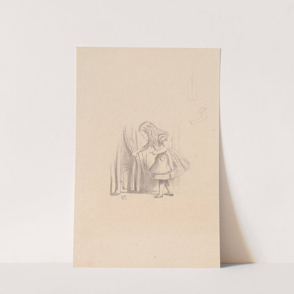 Drawing of Alice looking for the door by Sir John Tenniel