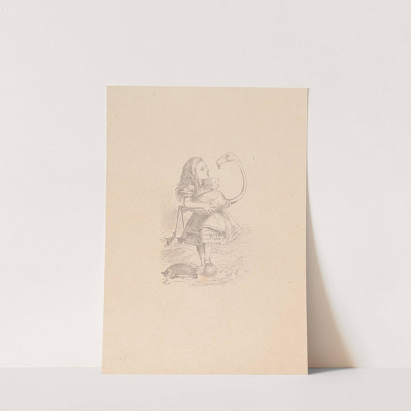 Drawing of Alice trying to play croquet with flamingo and hedgehog by Sir John Tenniel