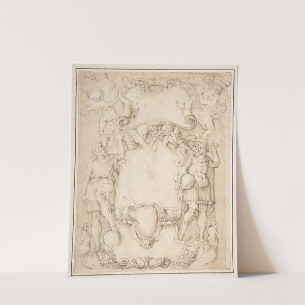 Drawing of Cartouche with Bearded Man Left, Young man crowned with Laurels Right, and Four Putti by Battista Franco