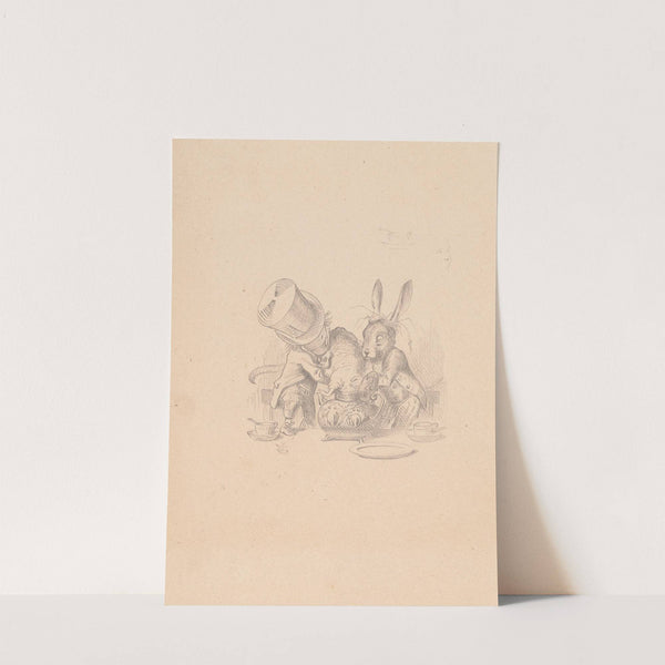 Drawing of Hatter and March Hare putting dormouse in teapot by Sir John Tenniel