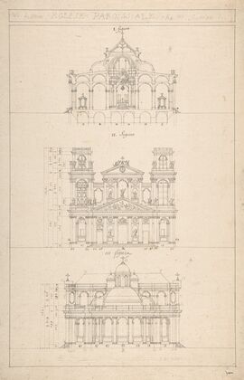 Drawing of Interior, Façade, and Rear of Church