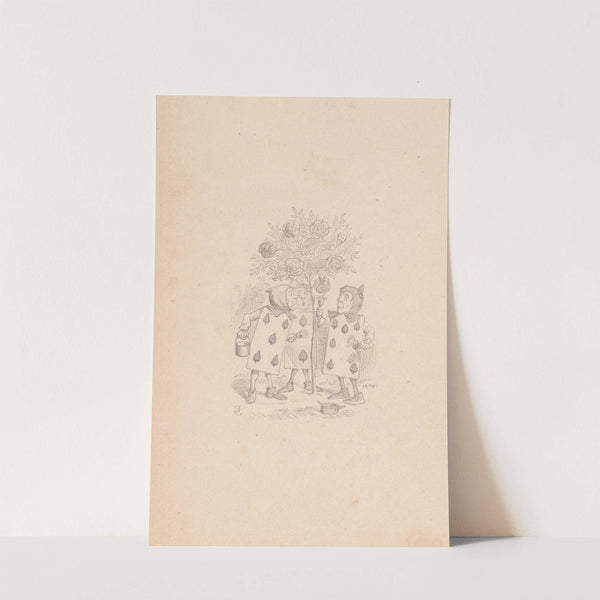 Drawing of Two, Five and Seven painting the rosebush by Sir John Tenniel