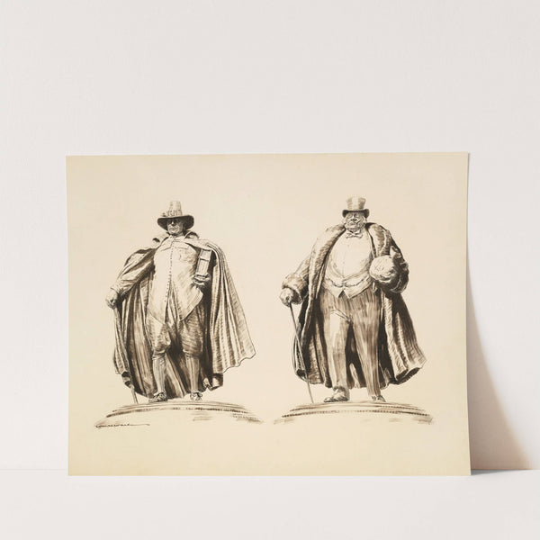 Drawing of two men, one in Puritan dress with a large book, the other in wealthy dress with a bag of money. (1907) by William Henry Walker