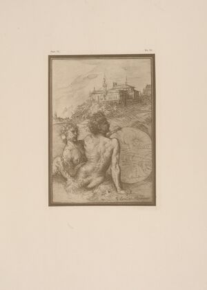 Drawing of two nude figures in a landscape