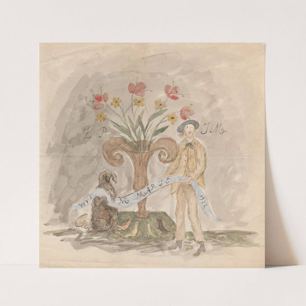 Drawing with name day letters for Maria Mickiewiczówna, with self-portrait of the artist holding a band (1922) by Tadeusz Makowski