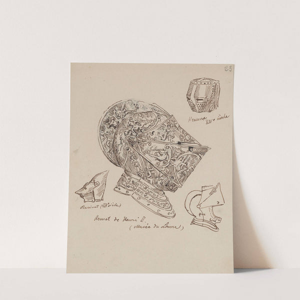 Drawings of Helmets from the 13th and 14th Centuries and the Helmet of King Henry II (from ca. 1560) from the Louvre Collection by Stanisław Wyspiański