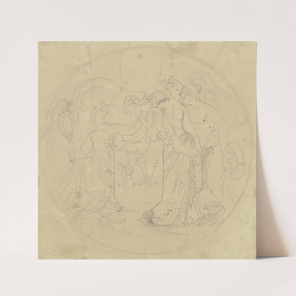 Drei allegorische Frauengestalten umgeben einen Wappenschild mit den Initialen des Künstlerkollegen Philipp Veit by Moritz von Schwind