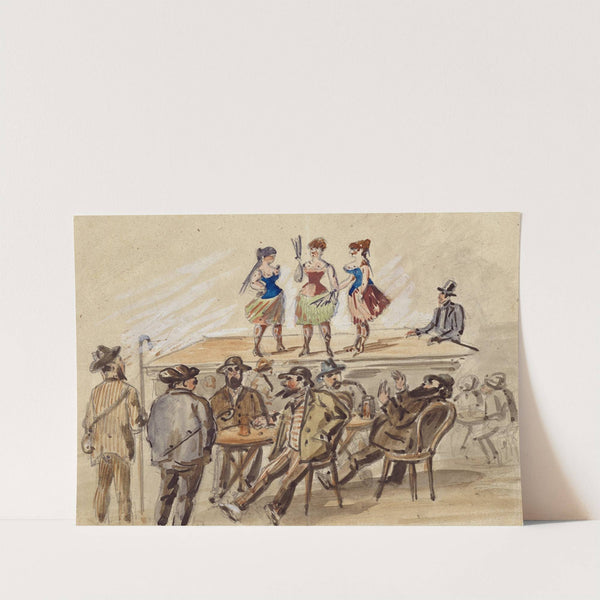 Drei Frauen präsentieren sich auf einer Bühne, davor Männer an Biertischen by Paul Franz Otto