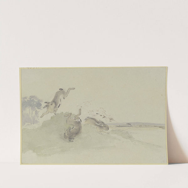 Drei Hasen erschrecken vor der Eisenbahn by Friedrich Wilhelm Keyl