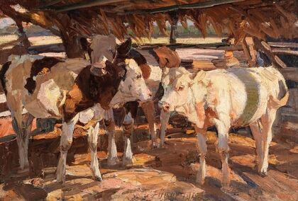 Drei Kälber bei der Futterraufe