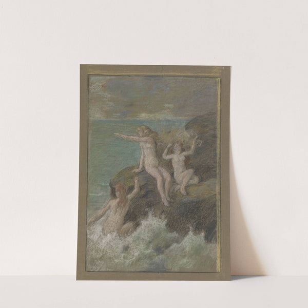 Drei nackte Frauen auf einem Felsen by Otto Scholderer