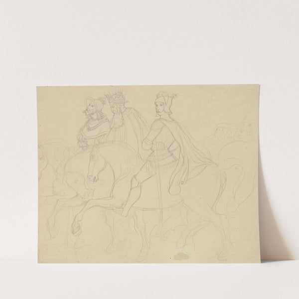 Drei Reiter zu Pferd, gefolgt von zwei Männern by Adrian Ludwig Richter