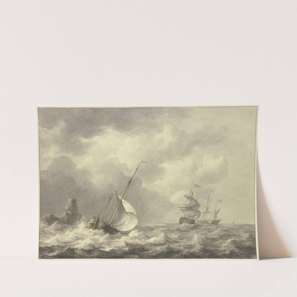 Drei Schiffe und Boot nach rechts, viertes Boot ist in die Brandung eines Felsens geraten. by Martinus Schouman