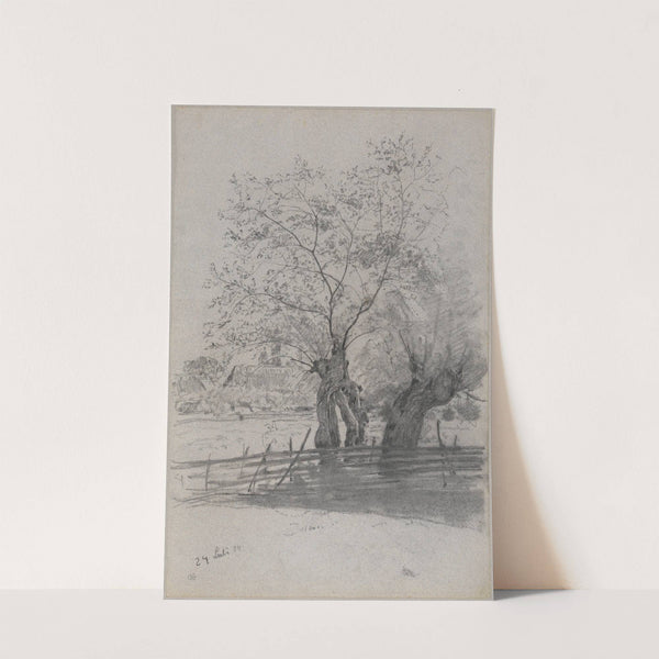 Drei Weiden hinter einem Lattenzaun by Gustav Kampmann