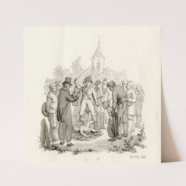 Dreigende soldaat bij een naakt kind, met omstanders by Reinier Vinkeles