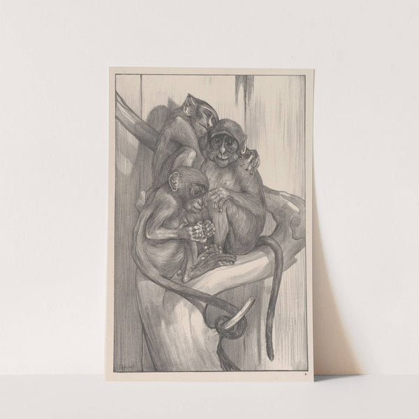 Drie apen op een boomstronk by Theo van Hoytema