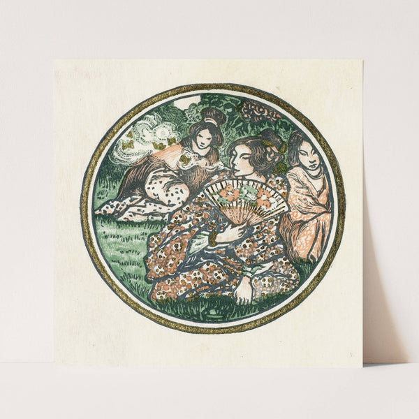 Drie Japanse vrouwen in een tuin (1911) by Lucien Pissarro