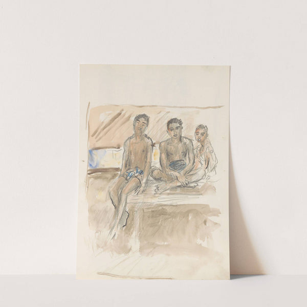 Drie jongens in lendendoeken, zittend op een muur (1931) by Marius Bauer