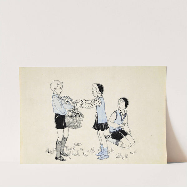 Drie kinderen die eikels rapen by Miep de Feijter