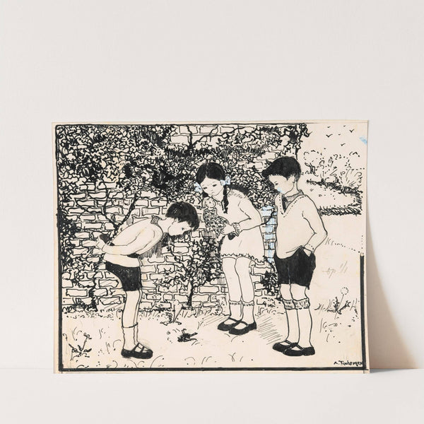 Drie kinderen kijken naar een gevallen vogel (1925) by A. Tinbergen