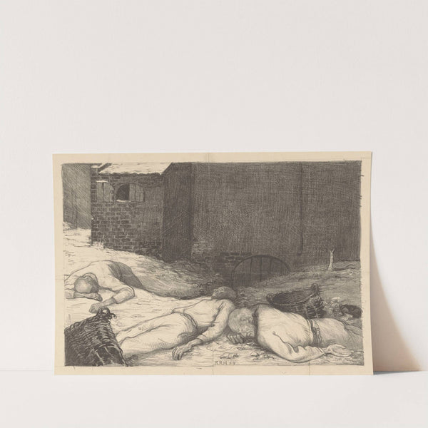 Drie liggende, dode mannen bij een gebouw by Richard Nicolaüs Roland Holst