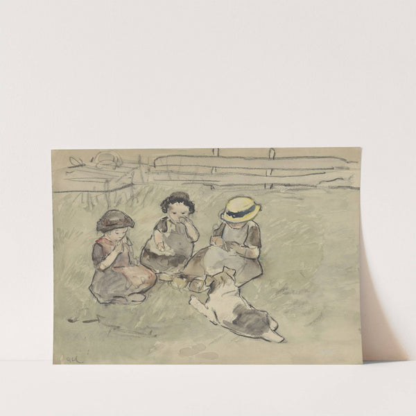 Drie meisjes met een hond zittend in een weiland (1860 - 1921) by Adolf le Comte