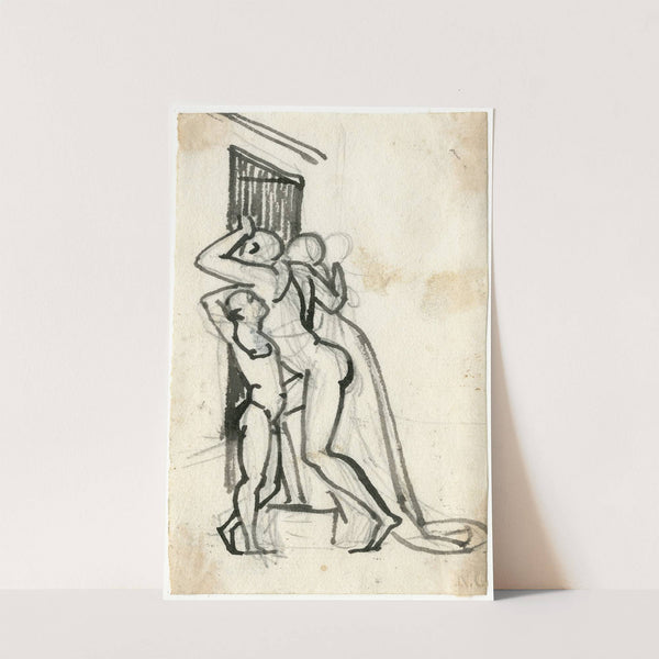 Drie merkwaardige gestalten verdringen zich bij een deur by David Humbert de Superville