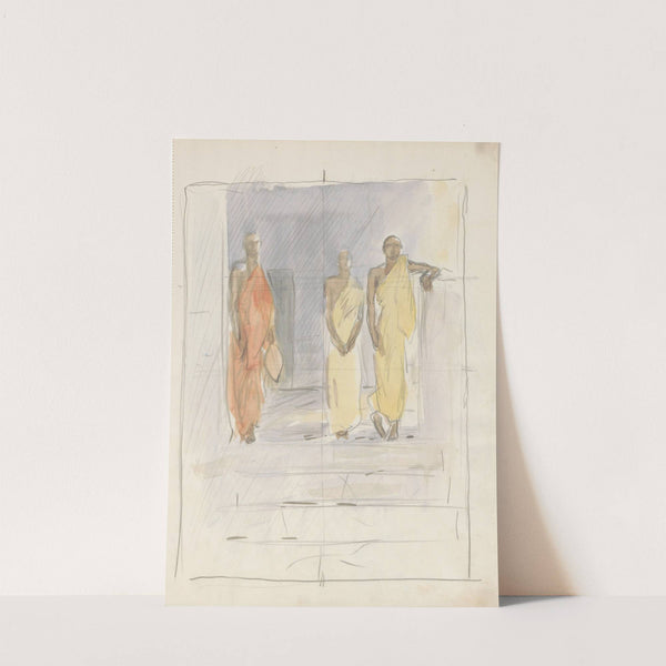 Drie monniken bovenaan een tempeltrap (1931) by Marius Bauer