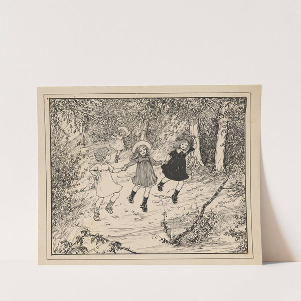 Drie rennende meisjes in een bos by Nelly Spoor