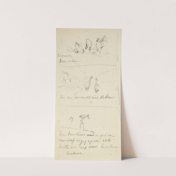 Drie schetsen voor illustraties in Hoe de vogels aan een koning kwamen by Theo van Hoytema