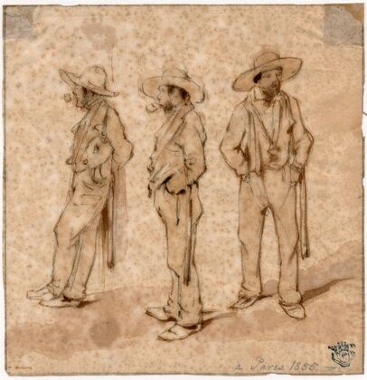 Drie staande mannen met hoed en knuppel (1855)
