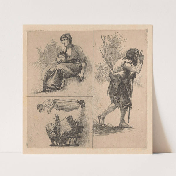 Drie voorstellingen met menselijke figuren. by Johannes Josephus Aarts